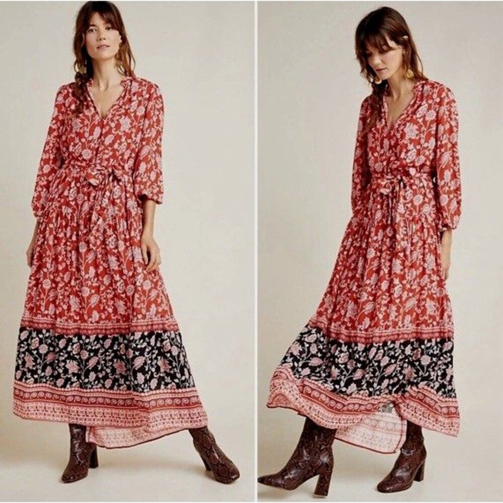 Maeve Anthropologie Melina Maxi Dress M Red Floral Split Neck Tie Belt EUC